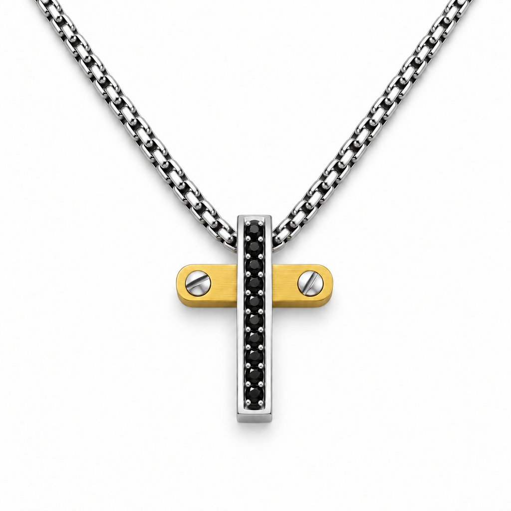 Collana da uomo con croce argento e oro e 10 strass neri in acciaio inox