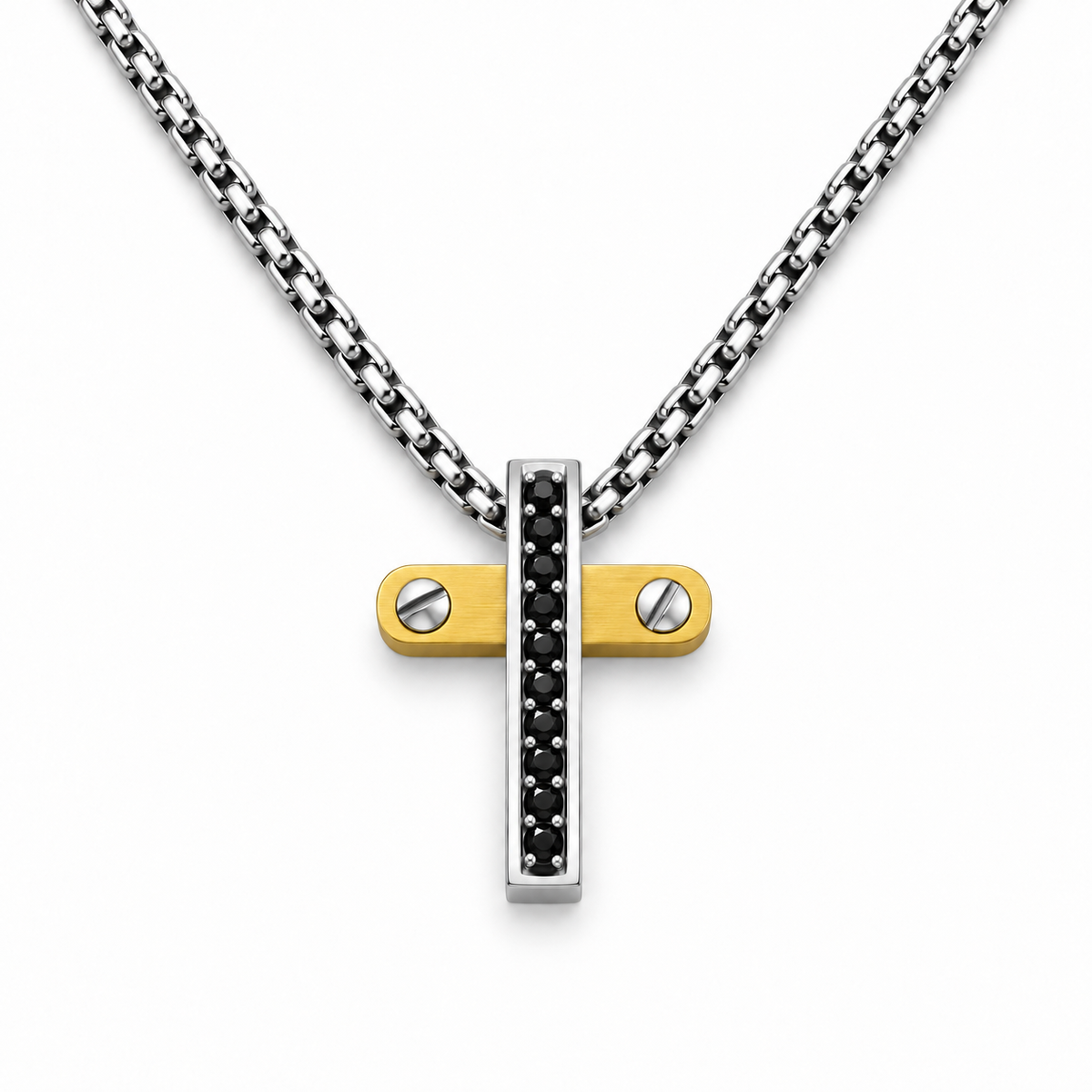 Collana da uomo con croce argento e oro e 10 strass neri in acciaio inox