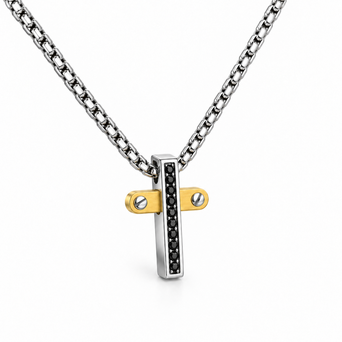 Collana da uomo con croce argento e oro e 10 strass neri in acciaio inox