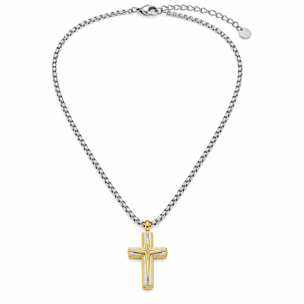 Collana da uomo con croce oro e argento e strass crystal in acciaio inox