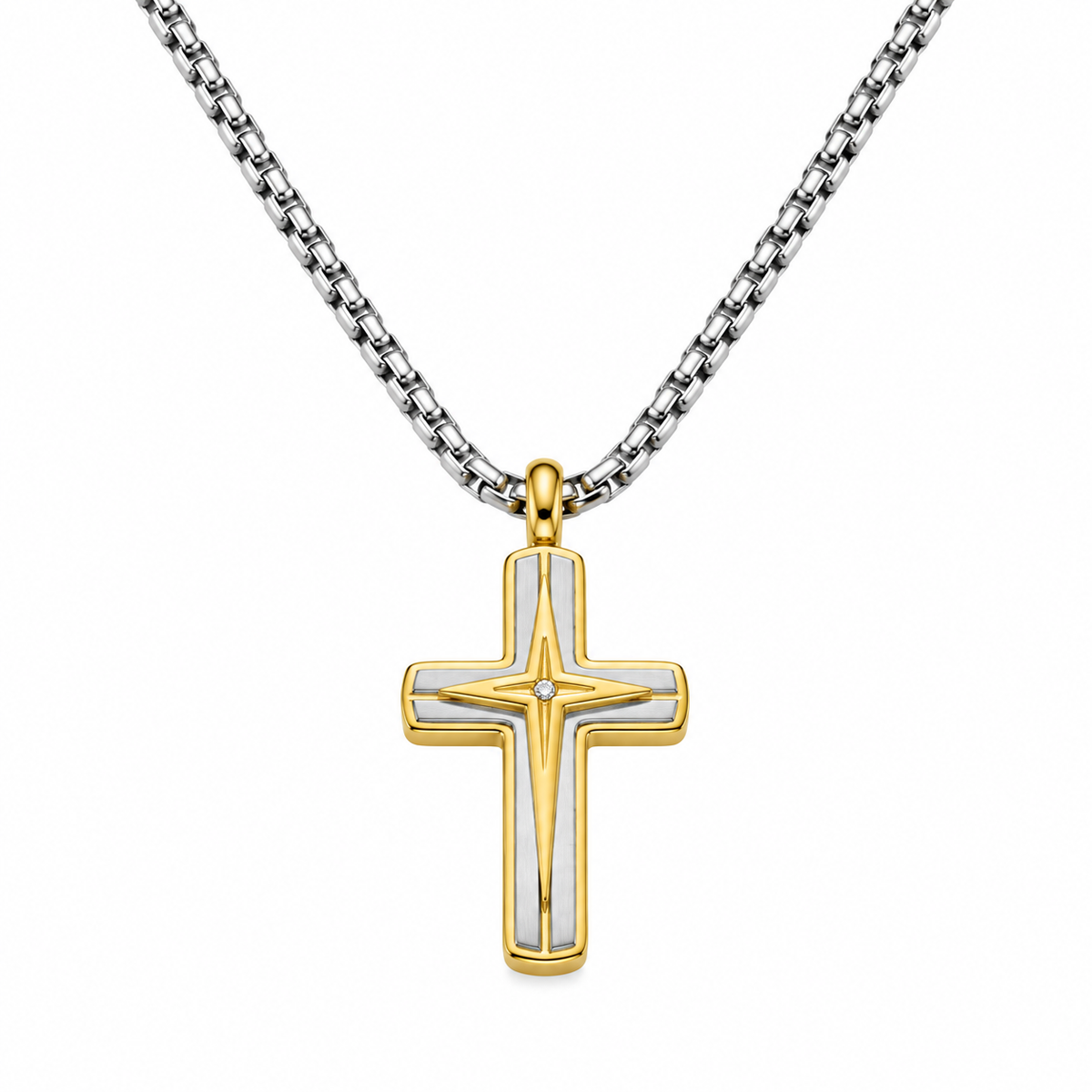 Collana da uomo con croce oro e argento e strass crystal in acciaio inox