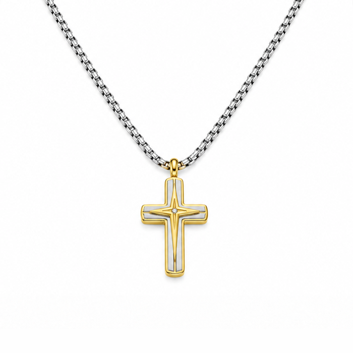 Collana da uomo con croce oro e argento e strass crystal in acciaio inox