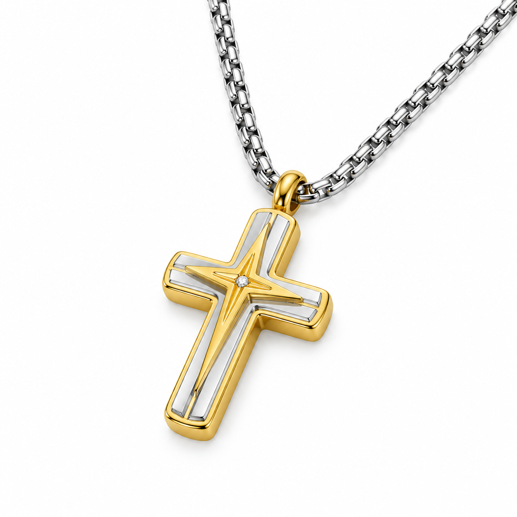 Collana da uomo con croce oro e argento e strass crystal in acciaio inox