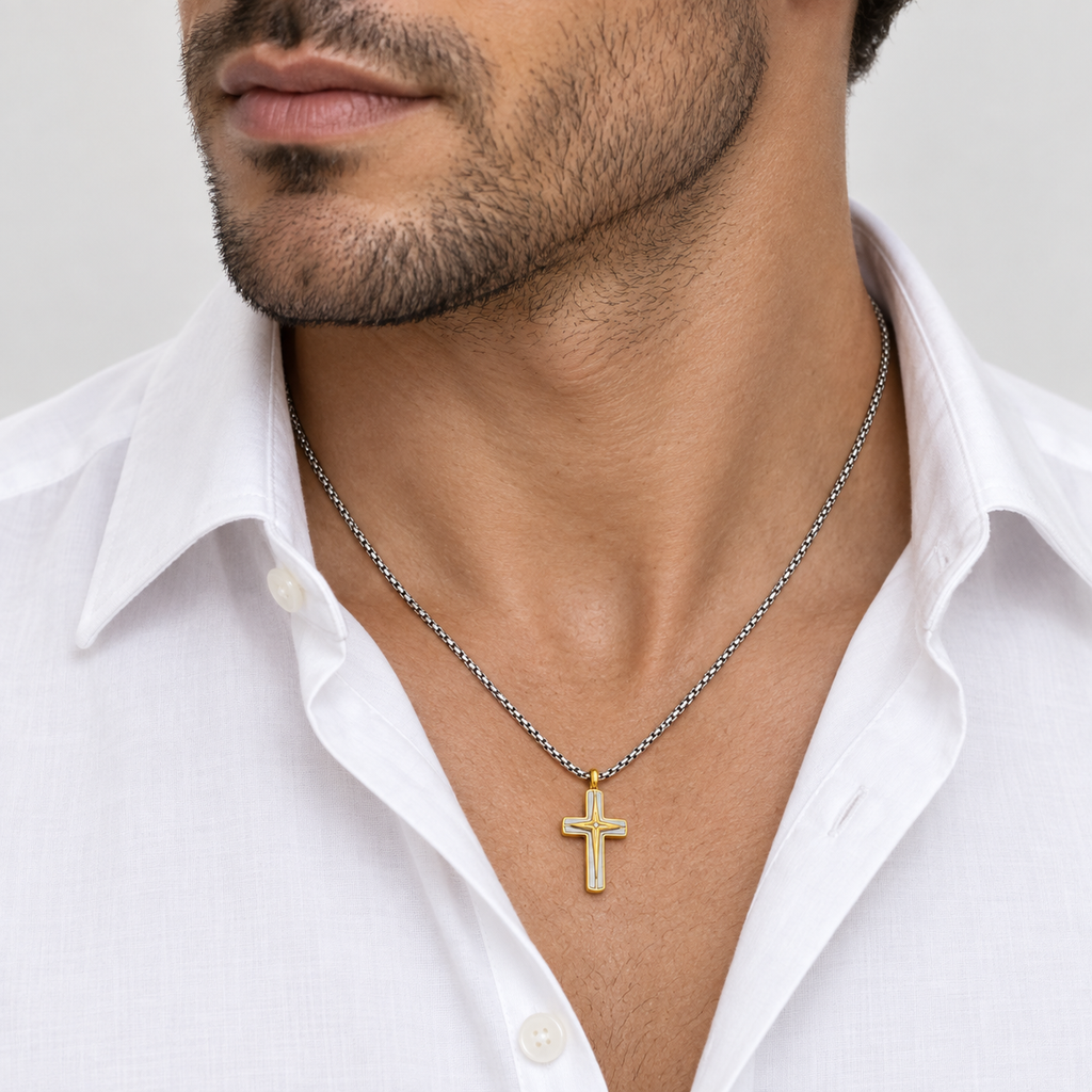 Collana da uomo con croce oro e argento e strass crystal in acciaio inox