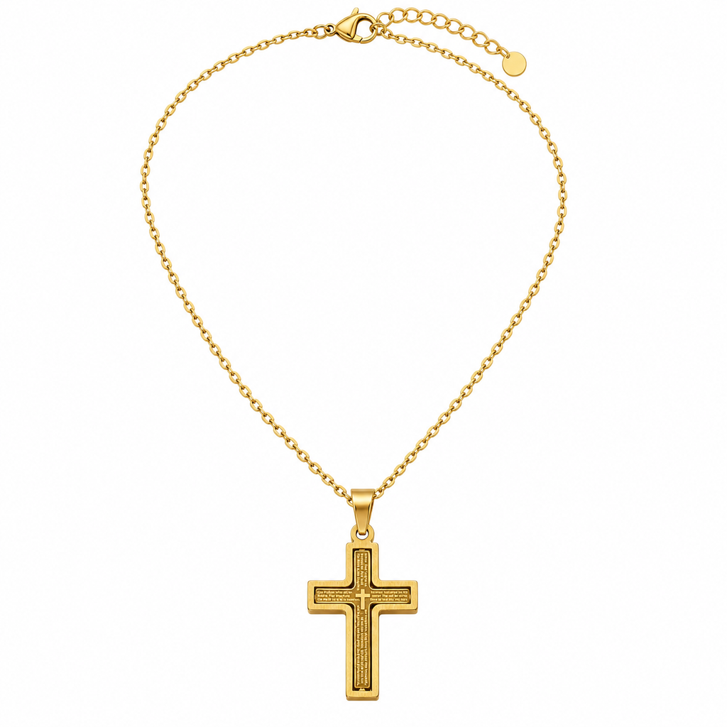 Collana da uomo con croce grande oro con preghiera Padre Nostro in acciaio inox