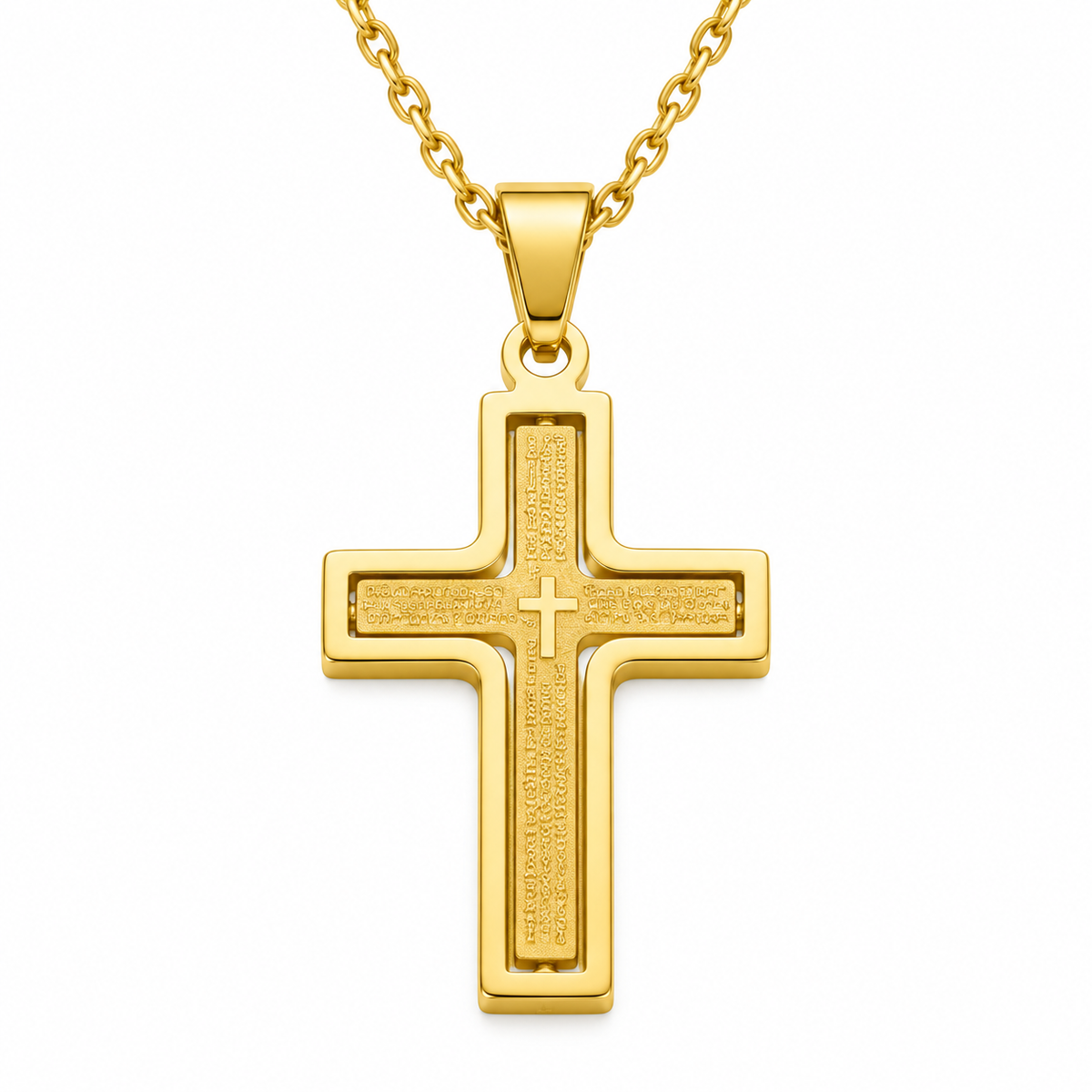 Collana da uomo con croce grande oro con preghiera Padre Nostro in acciaio inox