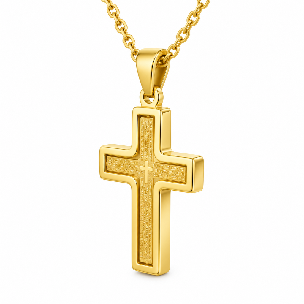 Collana da uomo con croce grande oro con preghiera Padre Nostro in acciaio inox