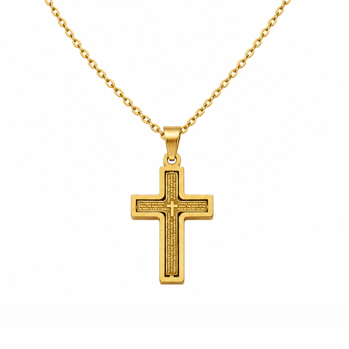 Collana da uomo con croce grande oro con preghiera Padre Nostro in acciaio inox