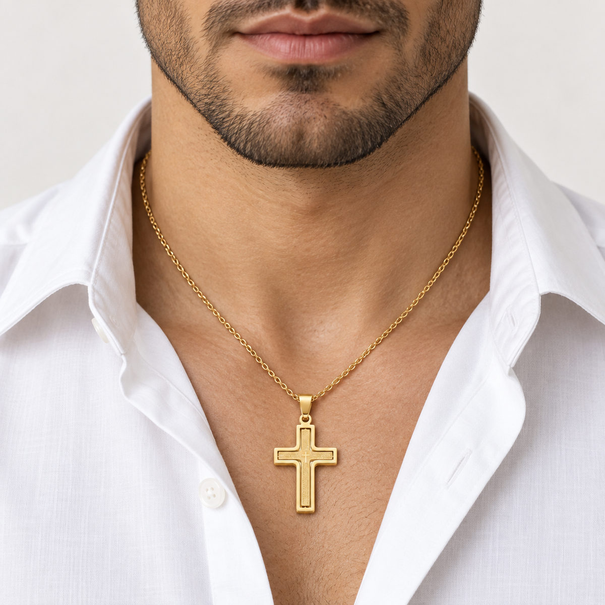 Collana da uomo con croce grande oro con preghiera Padre Nostro in acciaio inox