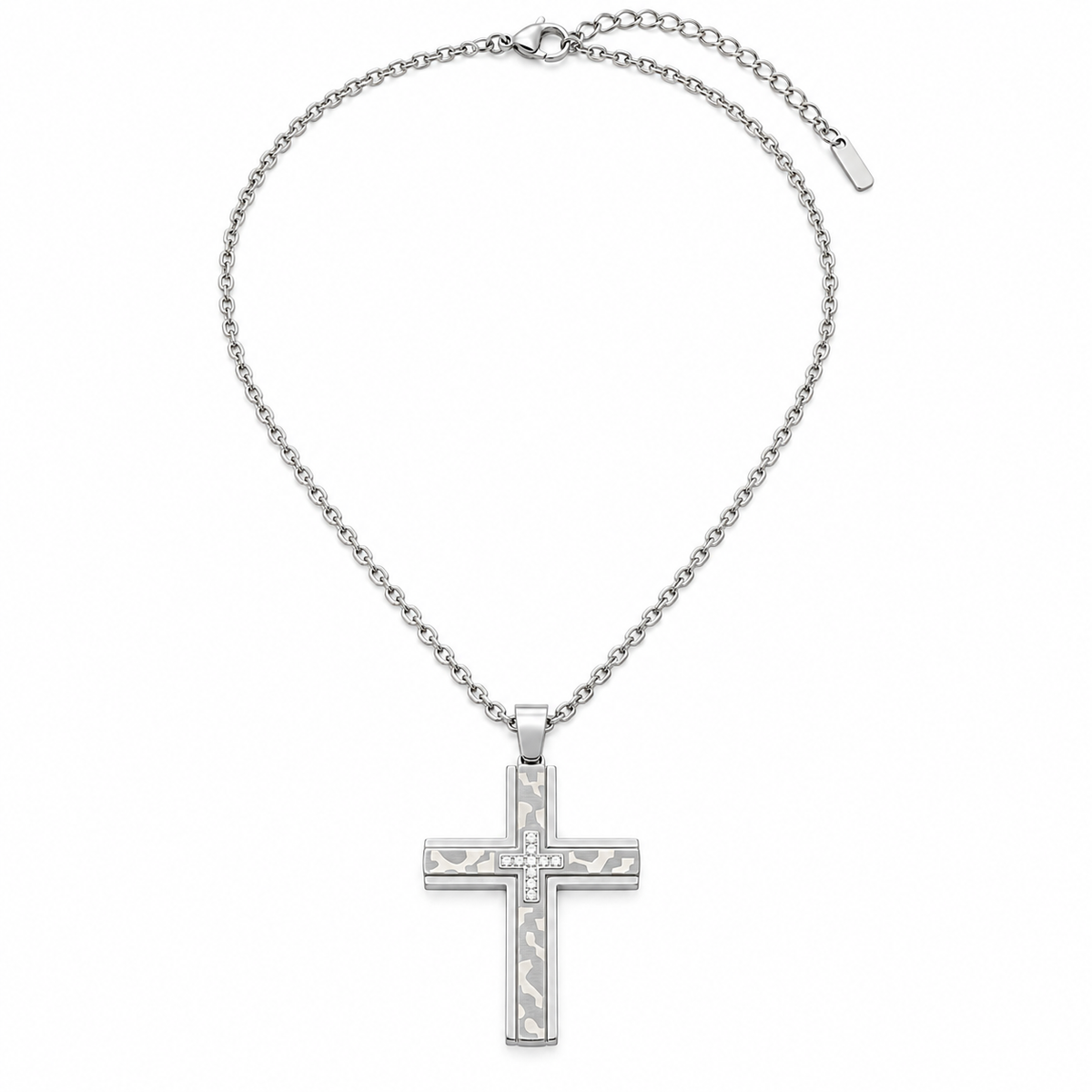 Collana da uomo con croce grande con strass a croce in acciaio inox