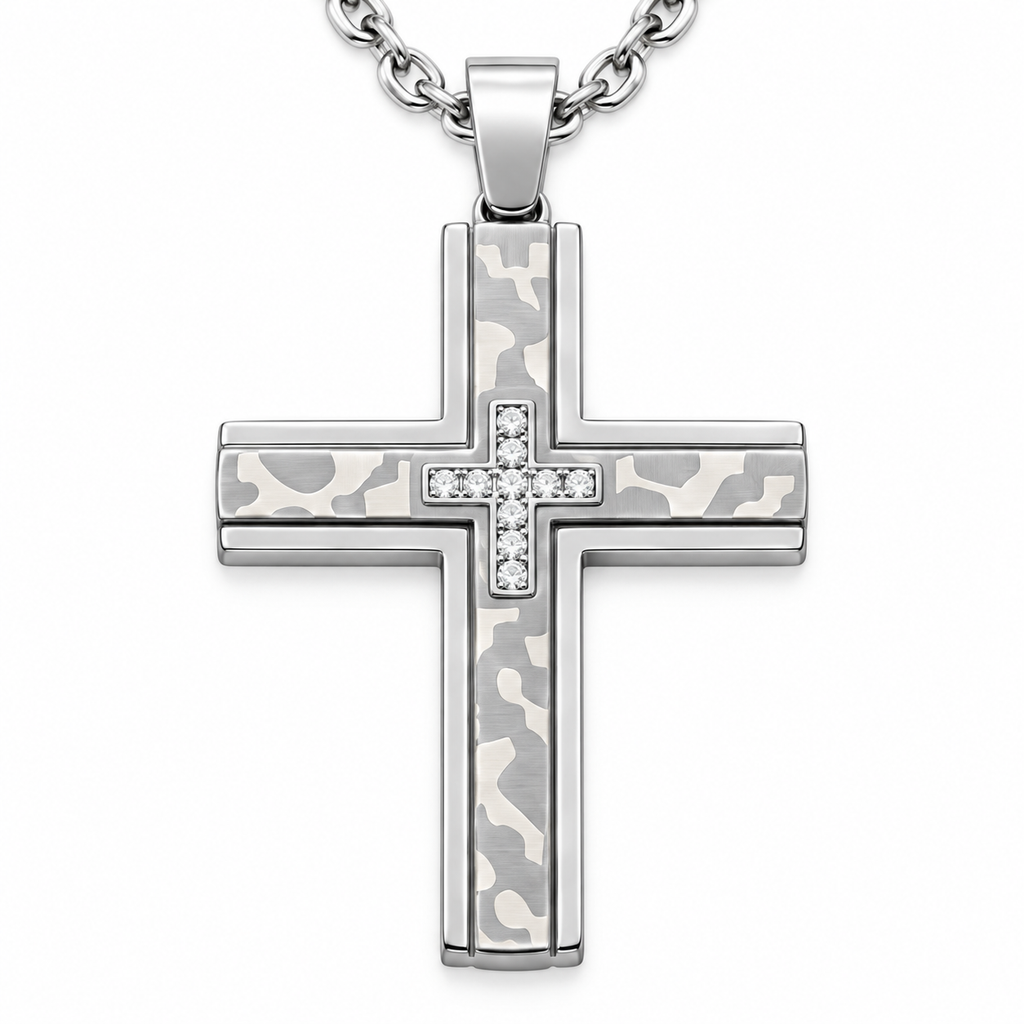 Collana da uomo con croce grande con strass a croce in acciaio inox