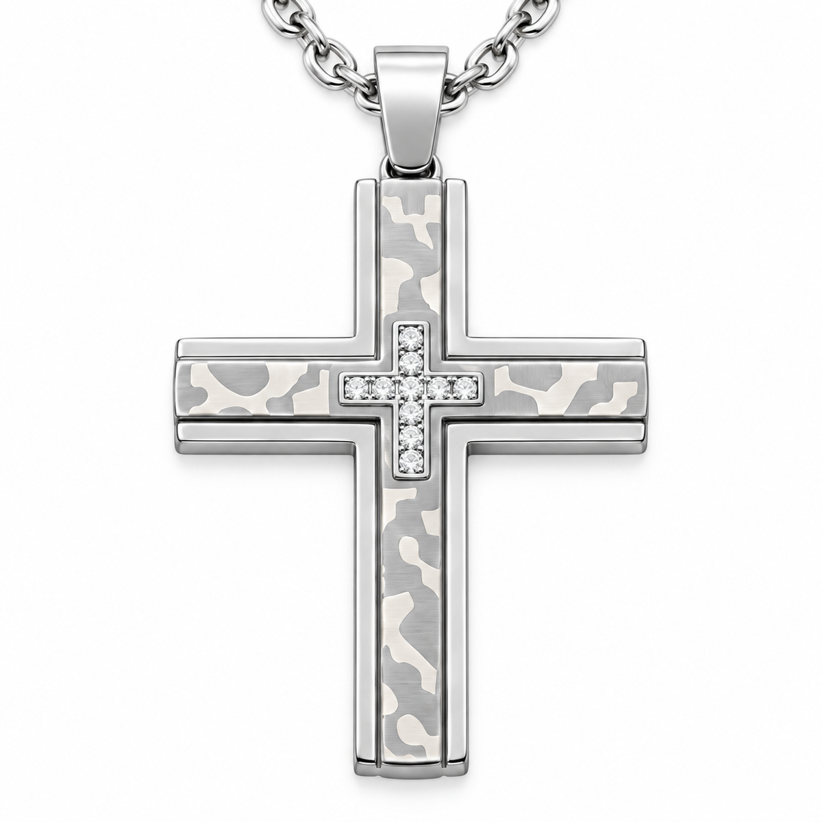 Collana da uomo con croce grande con strass a croce in acciaio inox