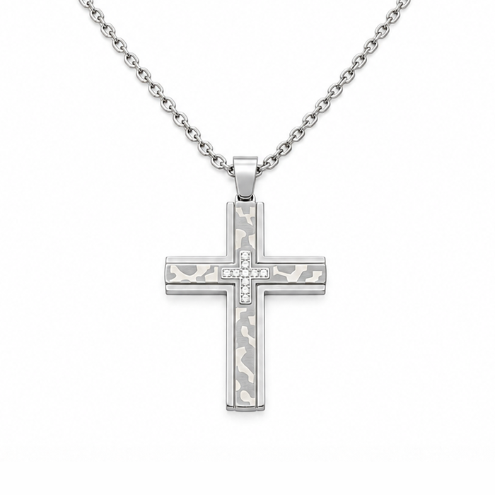 Collana da uomo con croce grande con strass a croce in acciaio inox