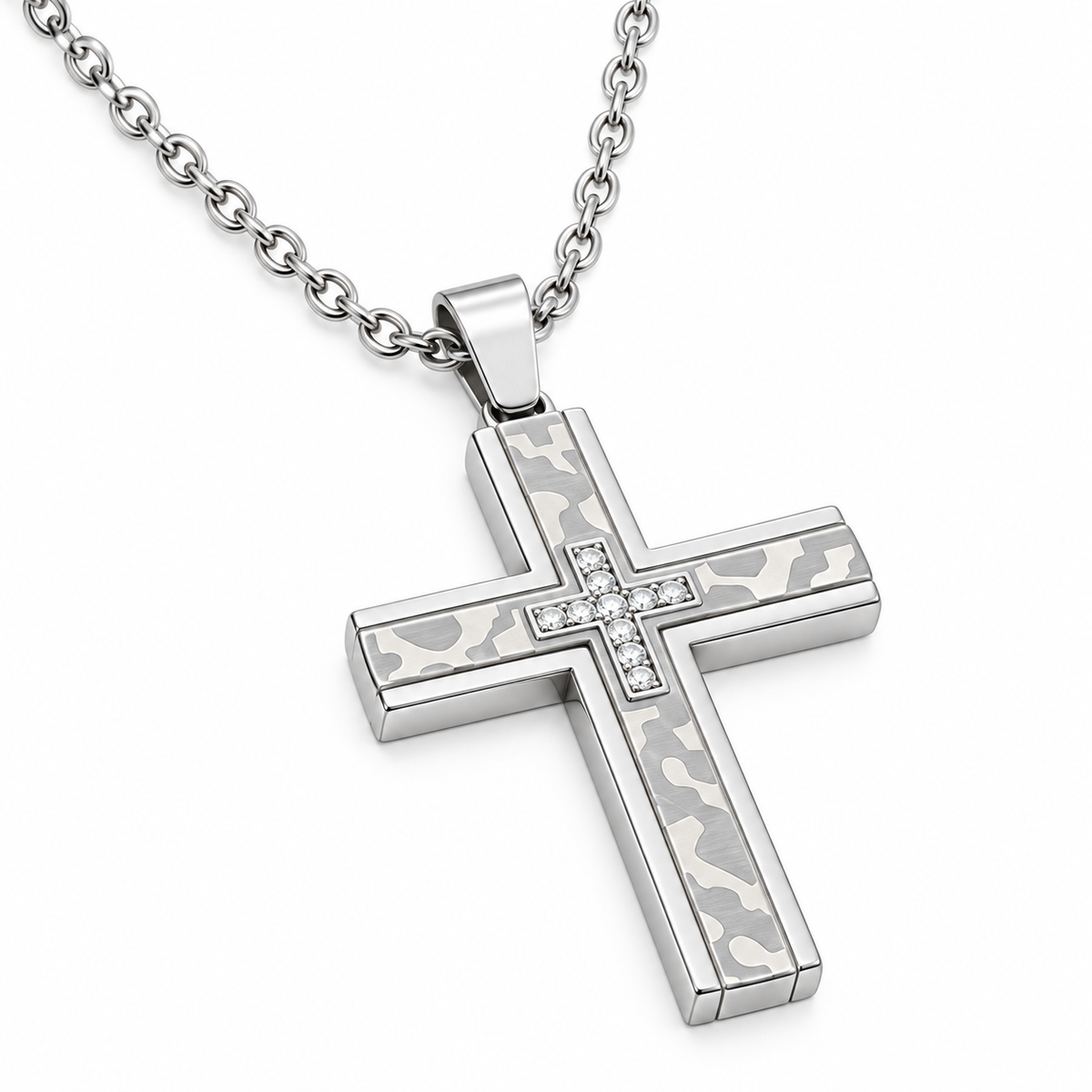 Collana da uomo con croce grande con strass a croce in acciaio inox