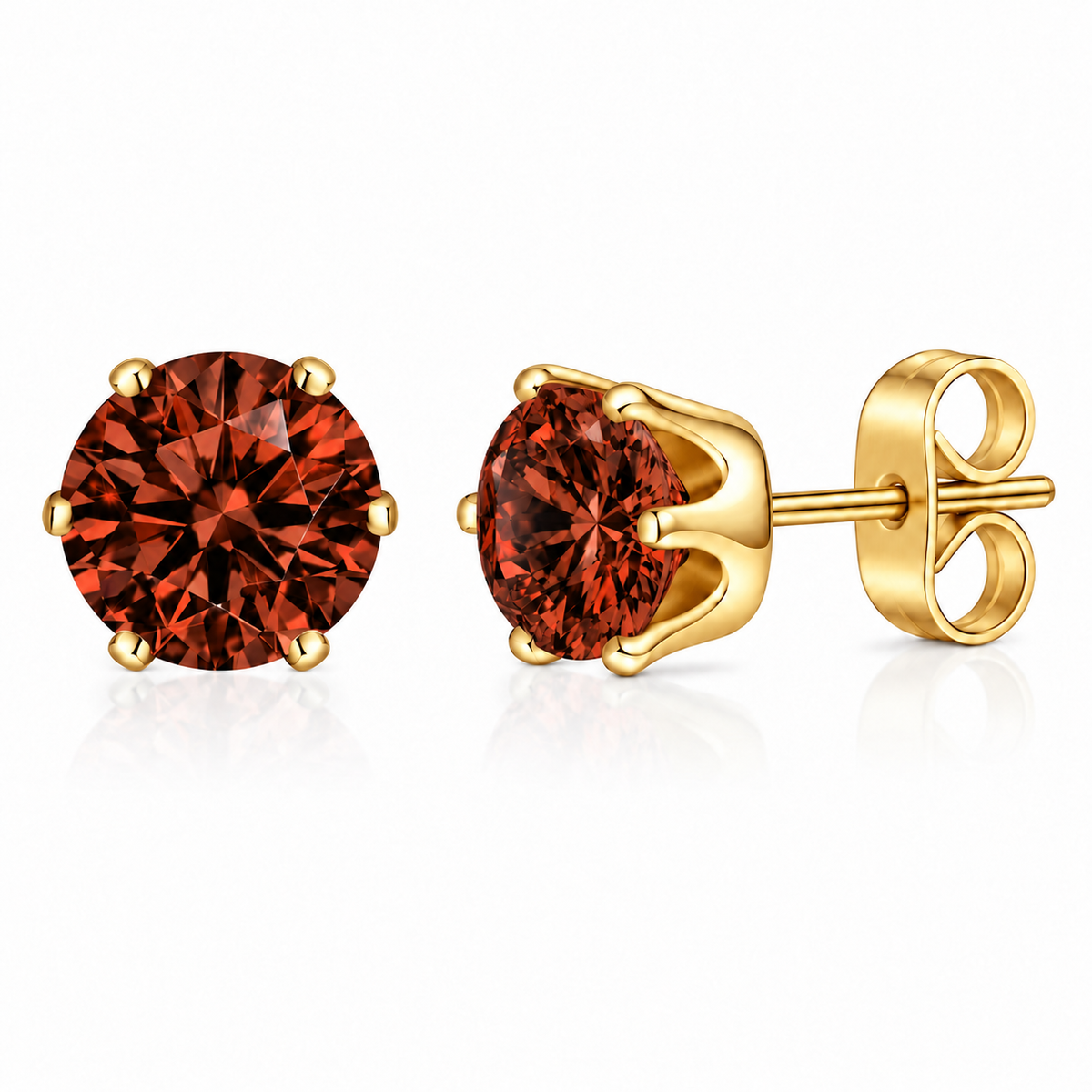 Coppia di orecchini punti luce Rosso Garnet in acciaio inox placcato oro in 6 misure Les Folies