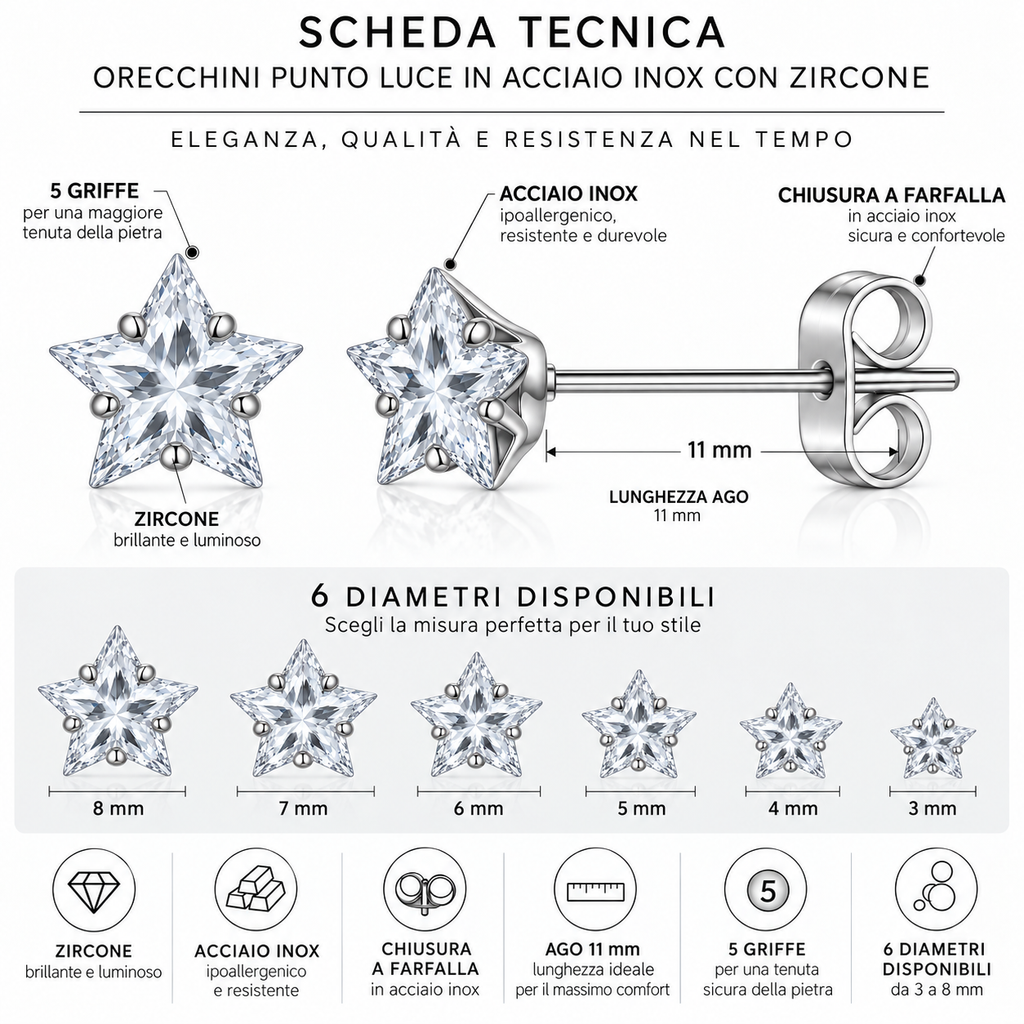 Coppia di orecchini punti luce Stella Crystal in acciaio inox in 6 misure Les Folies