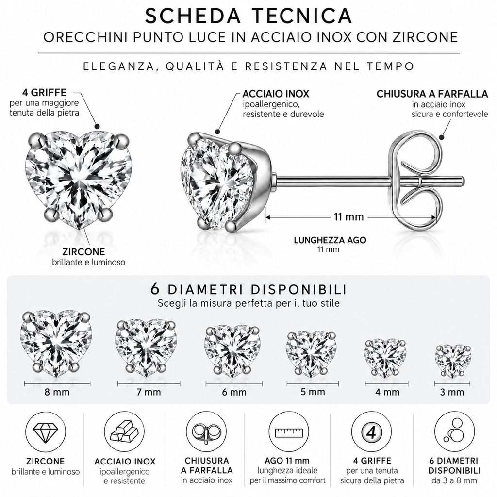 Coppia di orecchini punti luce Cuore Crystal in acciaio inox in 6 misure Les Folies