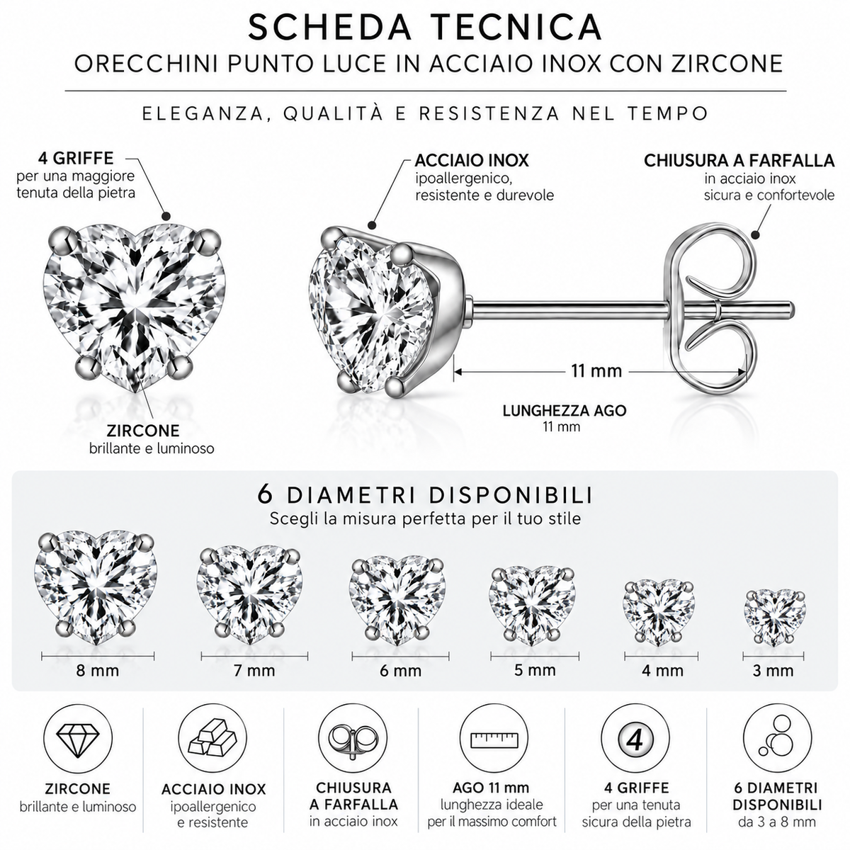 Coppia di orecchini punti luce Cuore Crystal in acciaio inox in 6 misure Les Folies