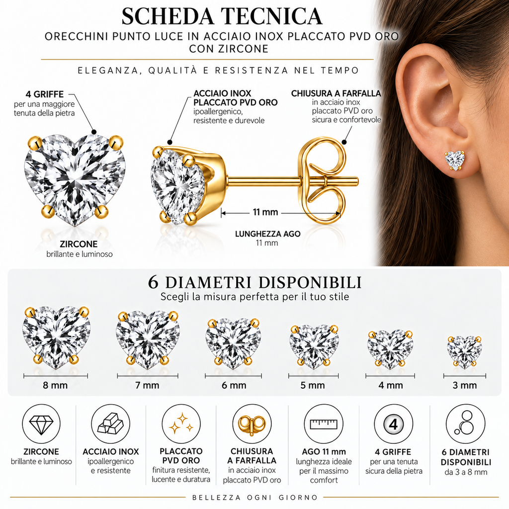 Coppia di orecchini punti luce Cuore Crystal in acciaio inox placcato oro in 6 misure Les Folies