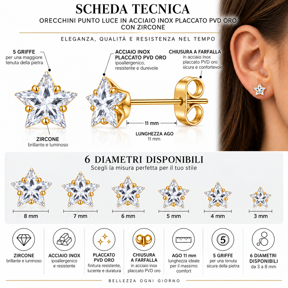 Coppia di orecchini punti luce Stella Crystal in acciaio inox placcato oro in 6 misure Les Folies