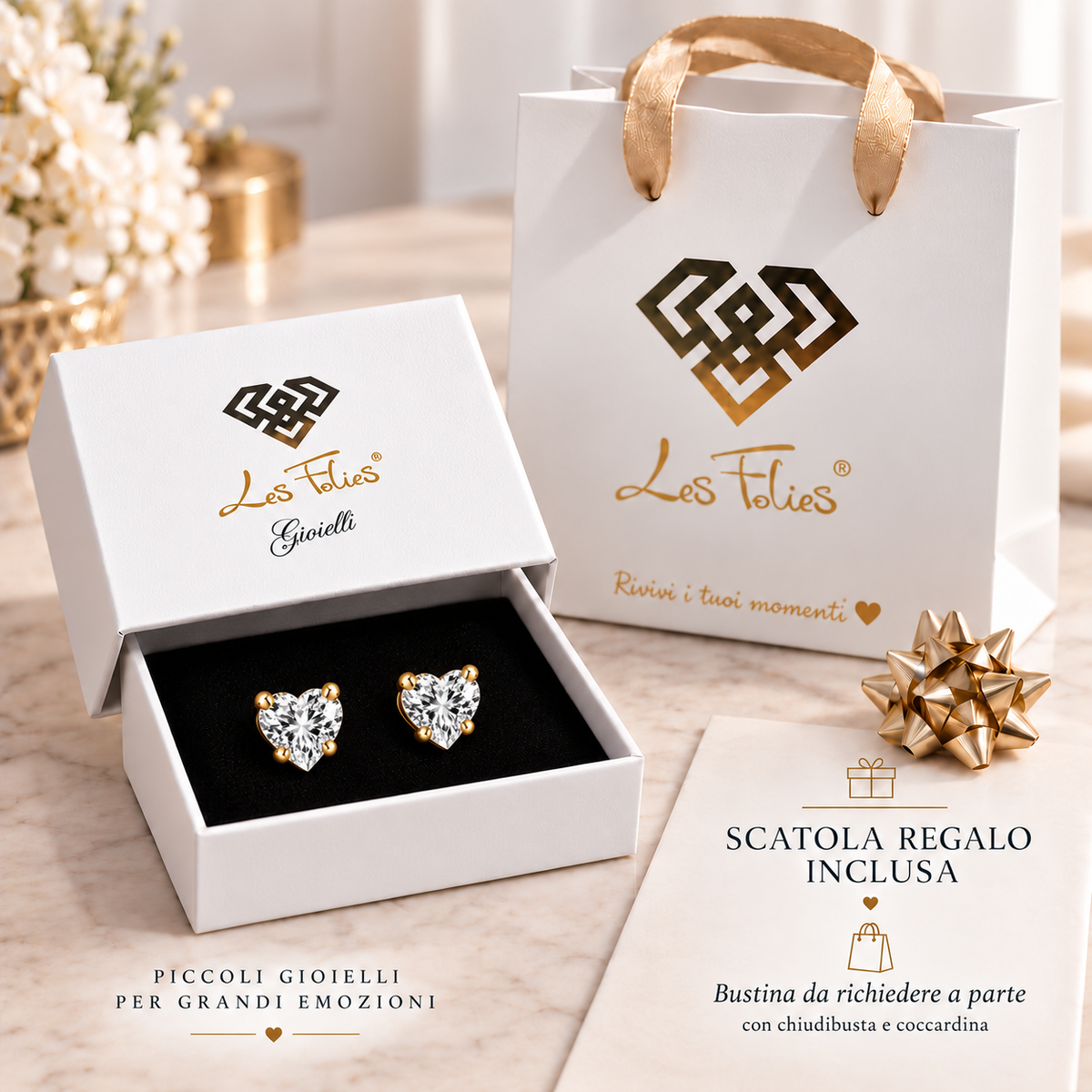 Coppia di orecchini punti luce Cuore Crystal in acciaio inox placcato oro in 6 misure Les Folies