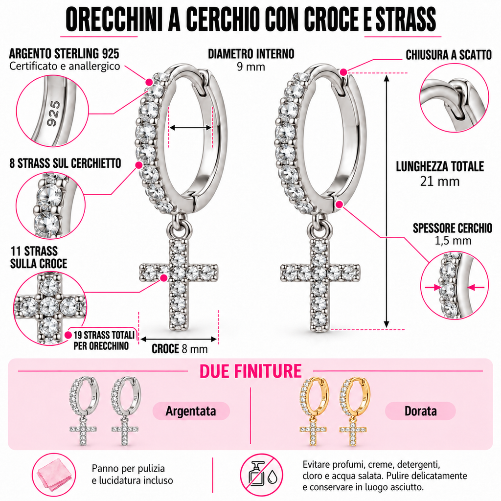 Orecchini a Cerchio strass con Croce in Argento 925