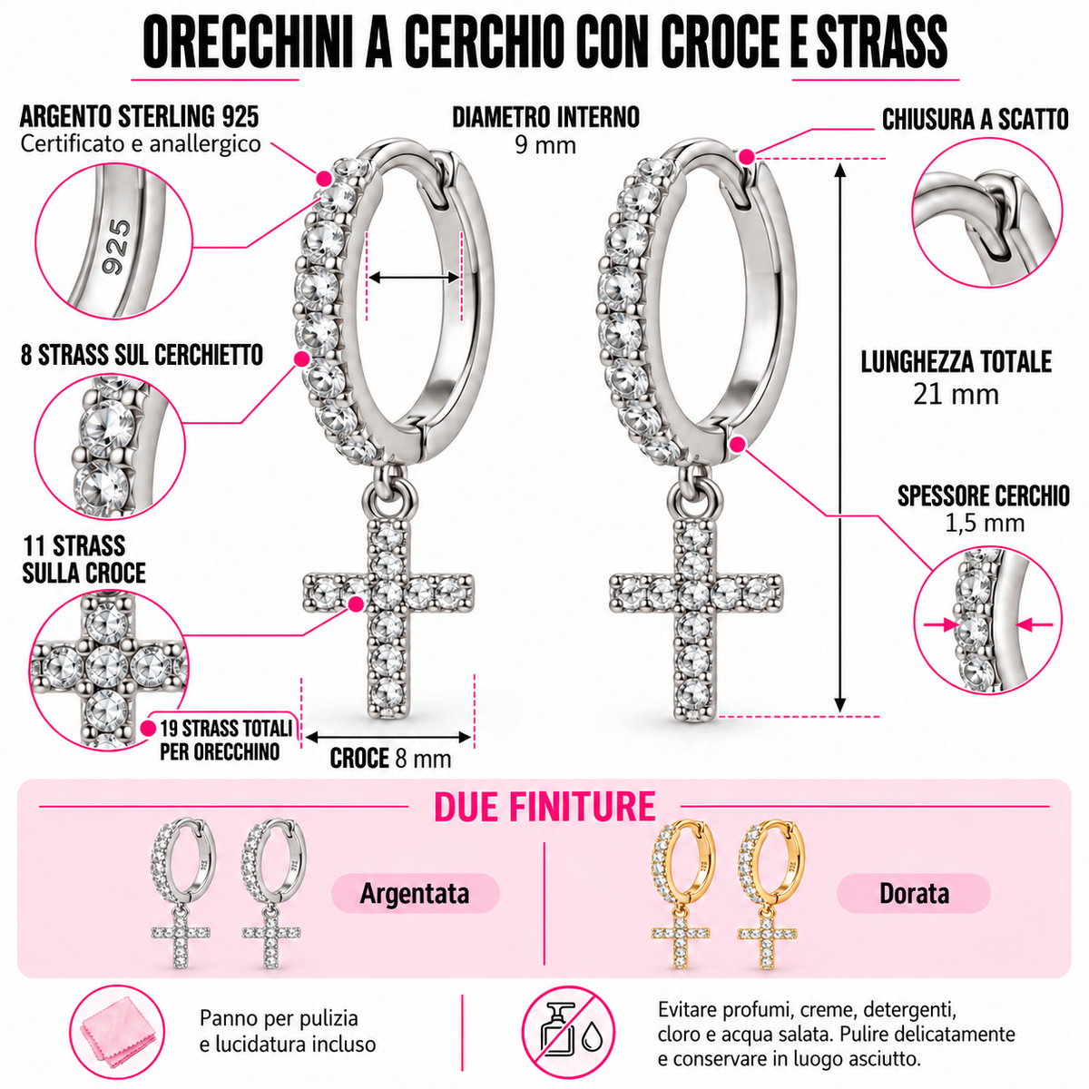 Orecchini a Cerchio strass con Croce in Argento 925