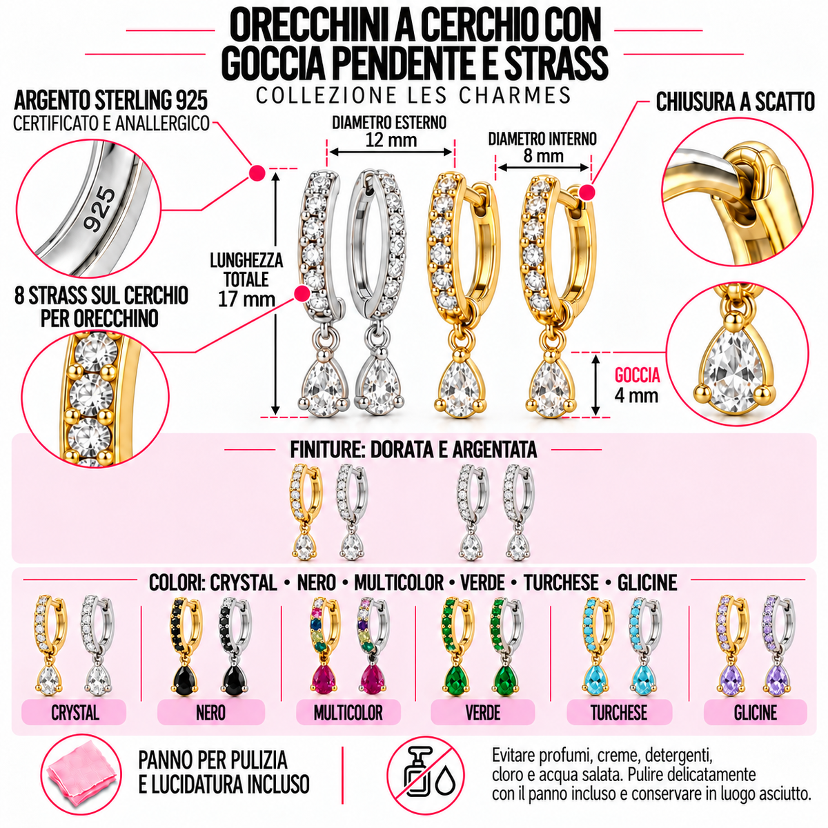 Orecchini a Cerchio con Goccia pendente in Argento 925