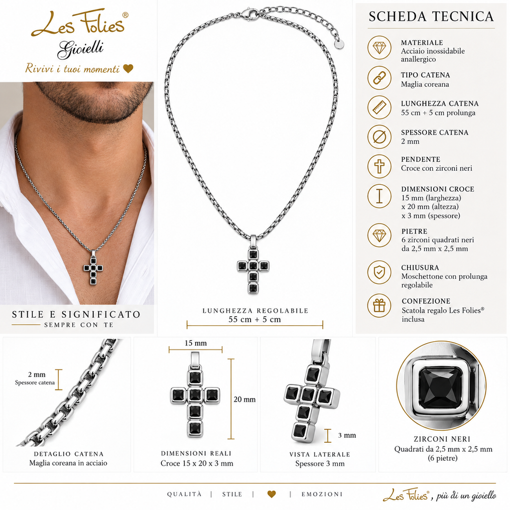 Collana da uomo con croce argento e 6 strass neri quadrati in acciaio inox