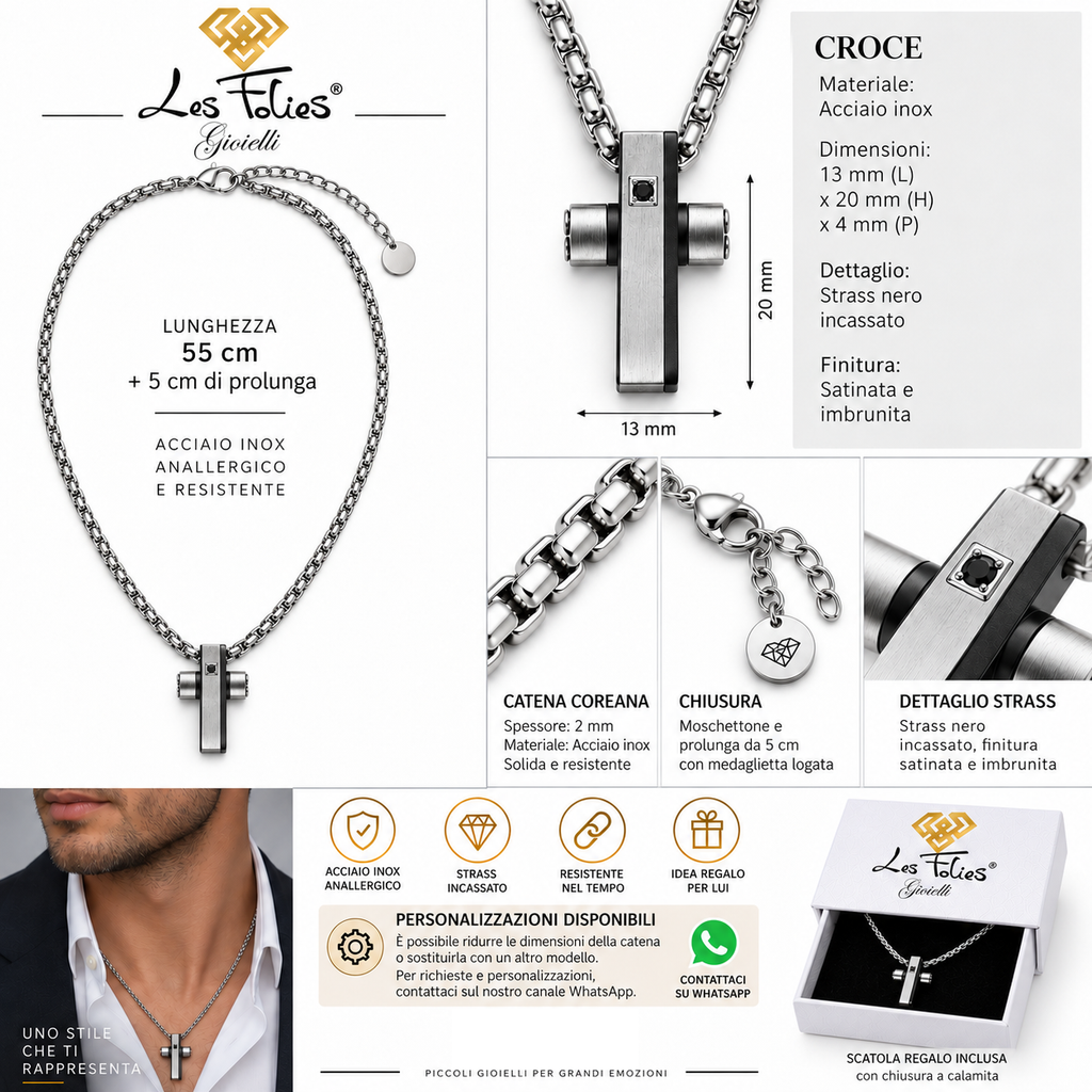 Collana Uomo con croce nera e strass in acciaio inox satinato