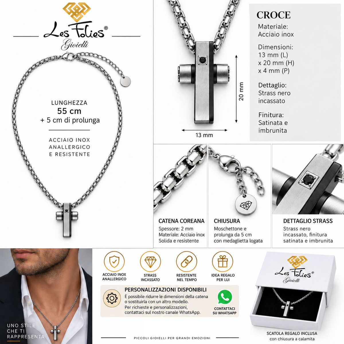 Collana Uomo con croce nera e strass in acciaio inox satinato