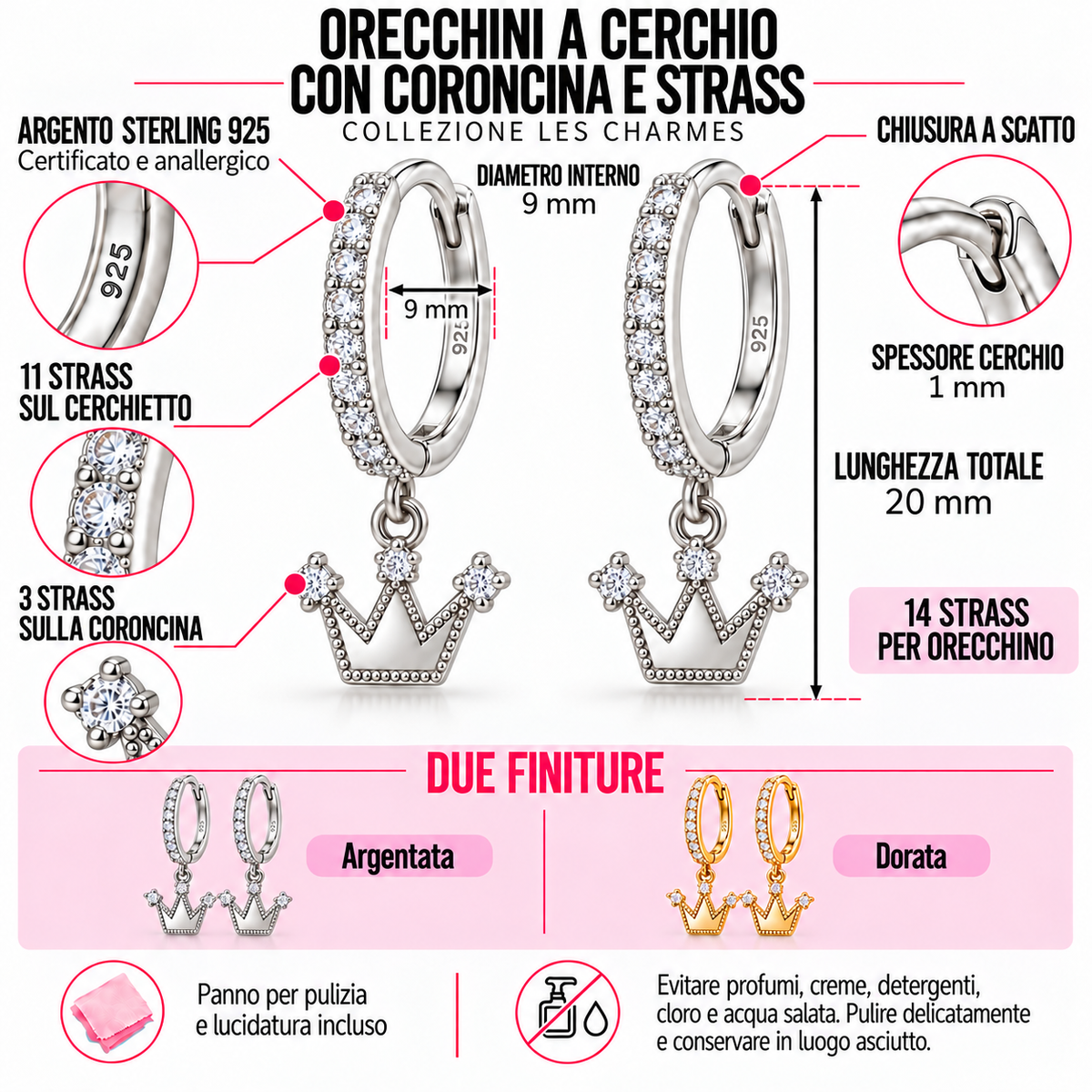 Orecchini a Cerchio strass con Corona liscia in Argento 925
