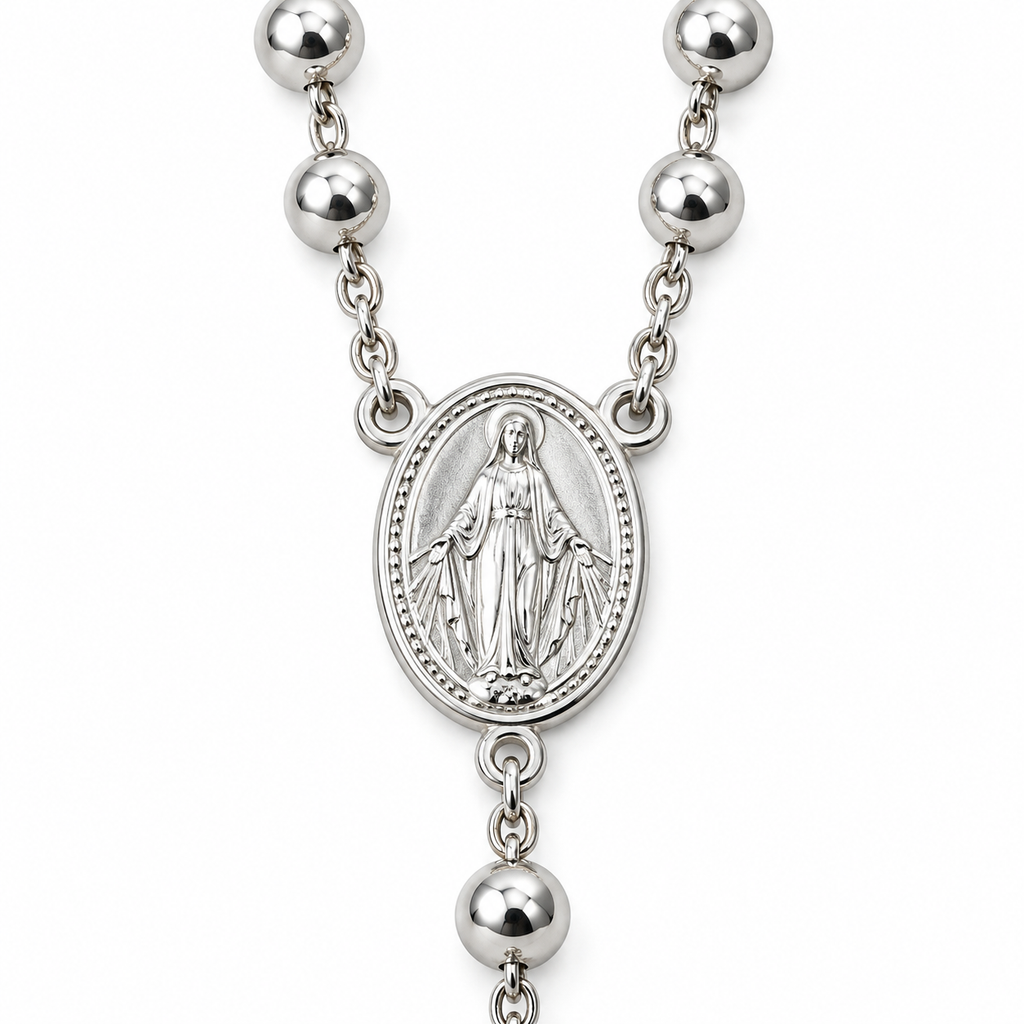 Collana Rosario con Crocifisso pendente e Sfere da 5mm in Argento 925 rodiato