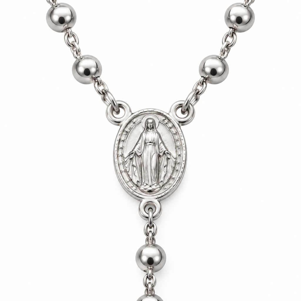 Collana Rosario con Crocifisso pendente e Sfere da 4mm in Argento 925 rodiato