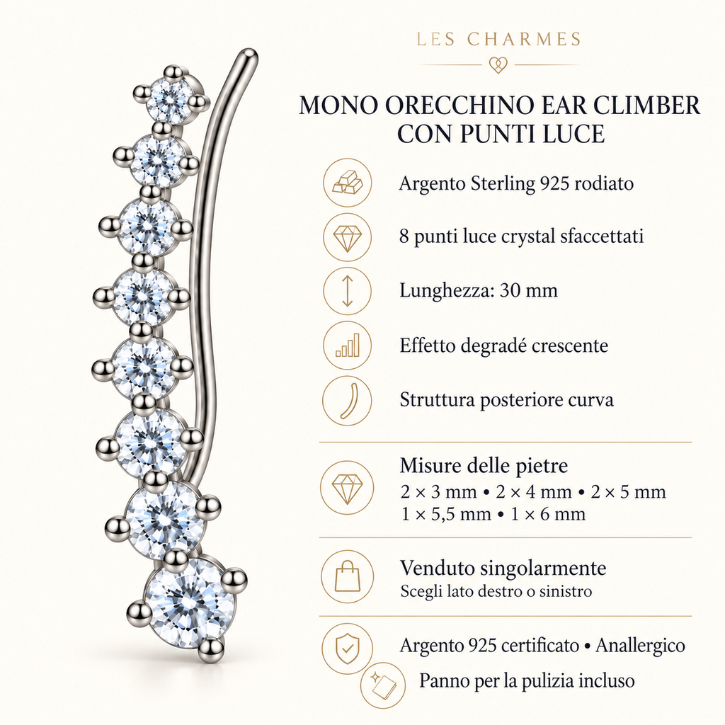 Orecchino Ear Climber mono Puntoluce in Argento 925 Rodiato