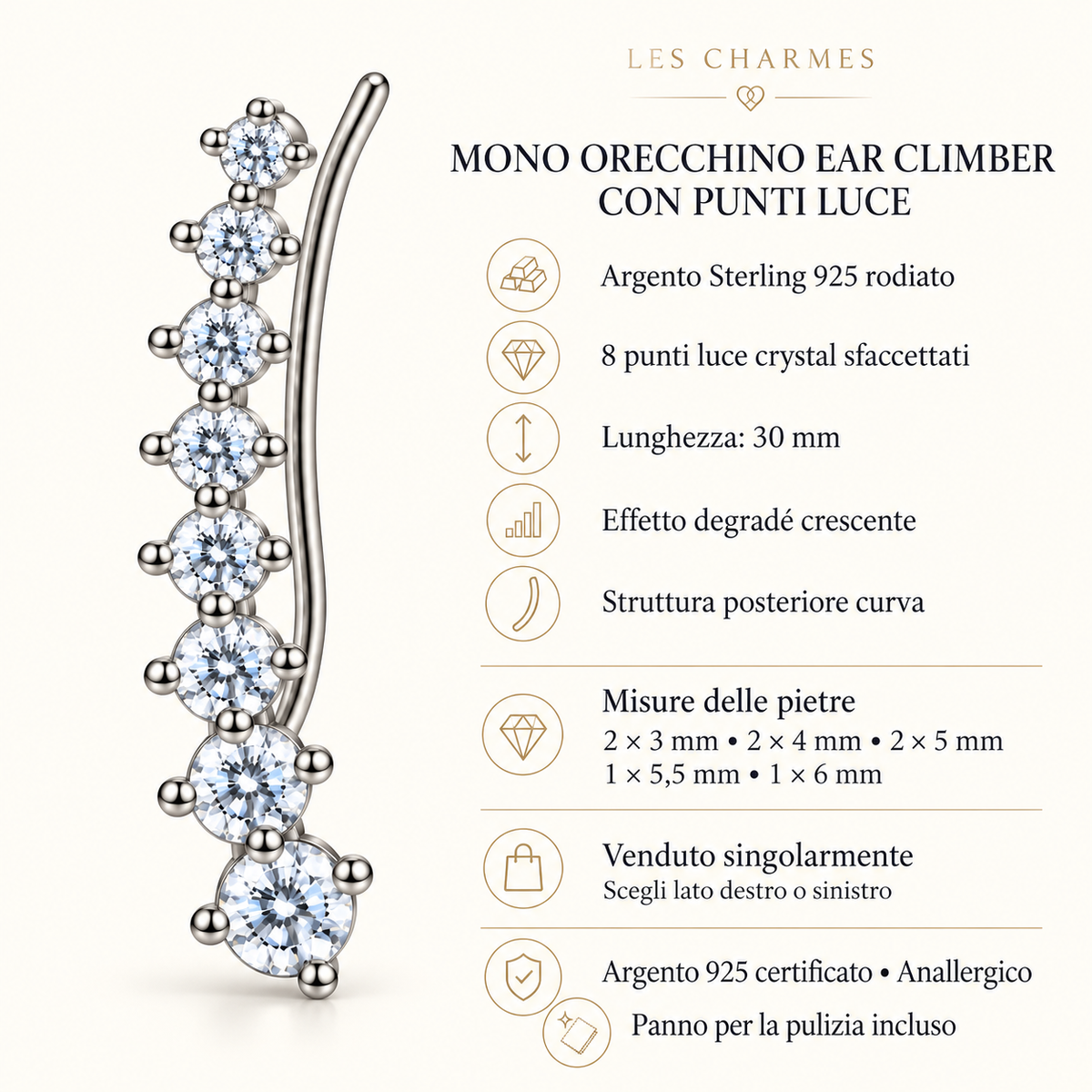 Orecchino Ear Climber mono Puntoluce in Argento 925 Rodiato