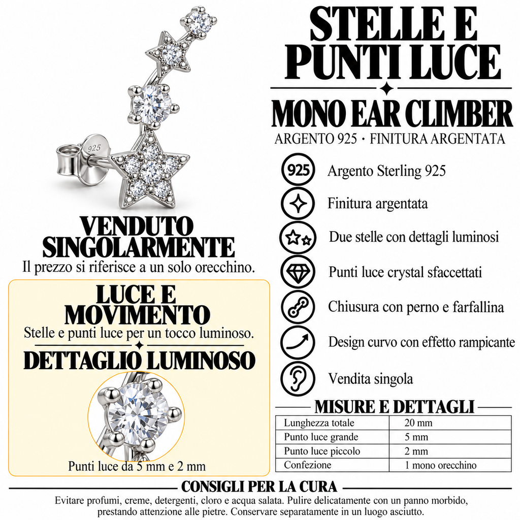 Orecchino mono Stelle e Punti Luce in Argento 925 Rodiato