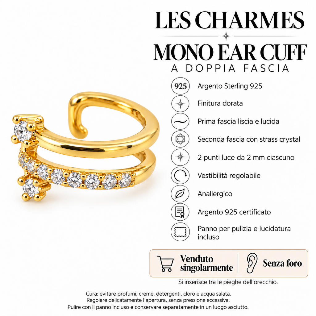 Ear Cuff mono Doppia Fascia in Argento 925 Rodiato