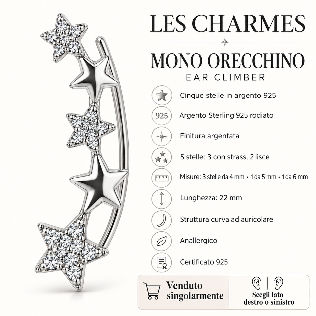 Orecchino Ear Climber mono Stelle in Argento 925 Rodiato