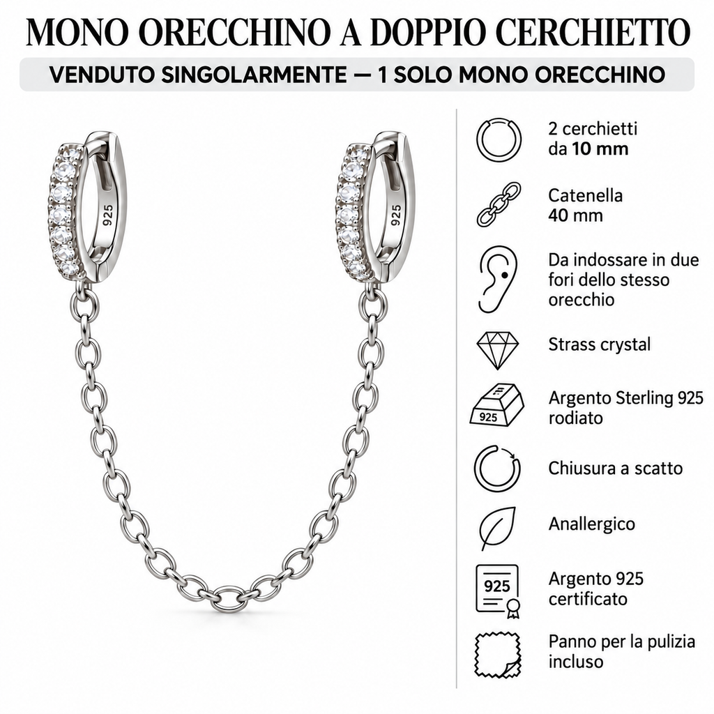 Mono Orecchino per Doppio Foro con Due Cerchietti e Catenella in Argento 925