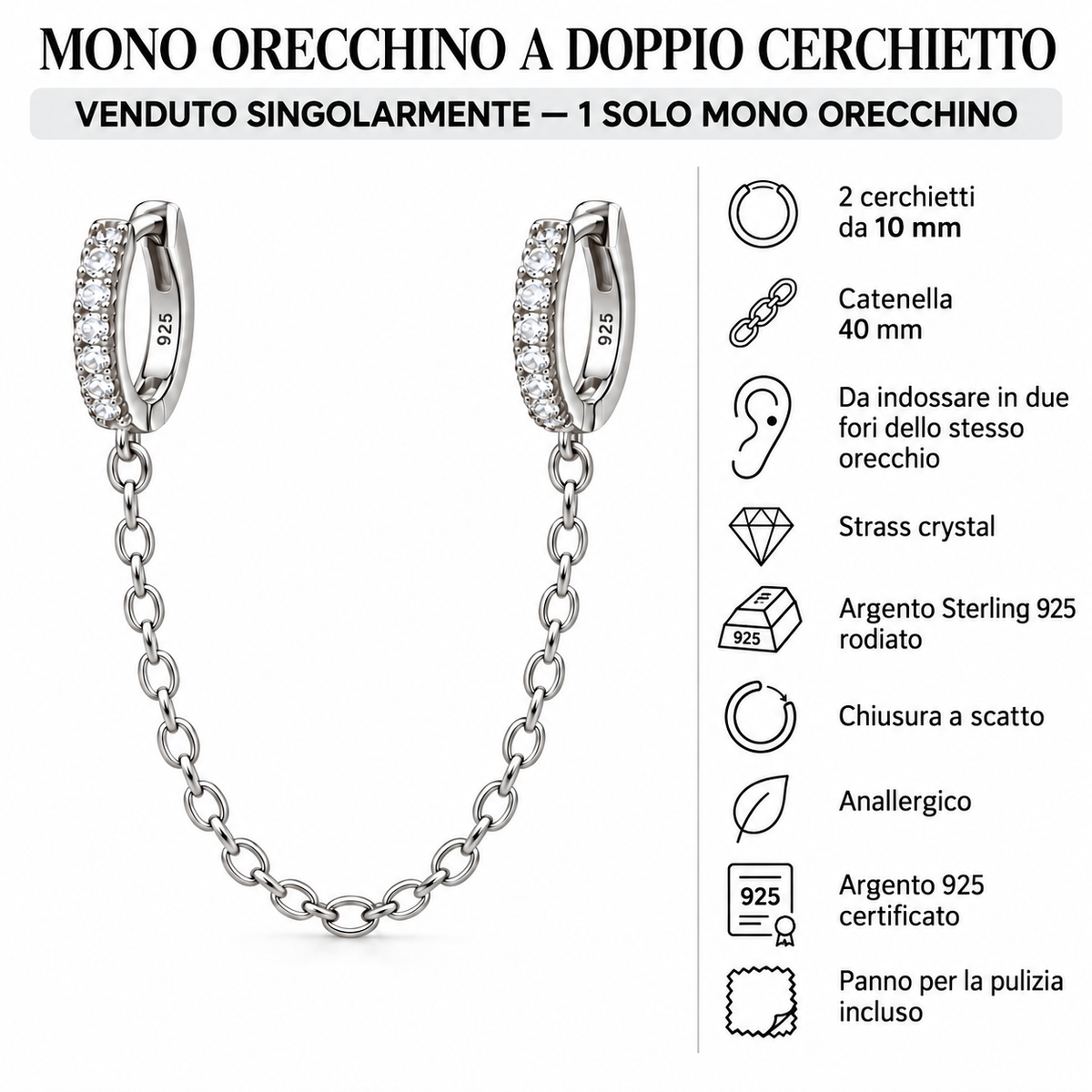 Mono Orecchino per Doppio Foro con Due Cerchietti e Catenella in Argento 925