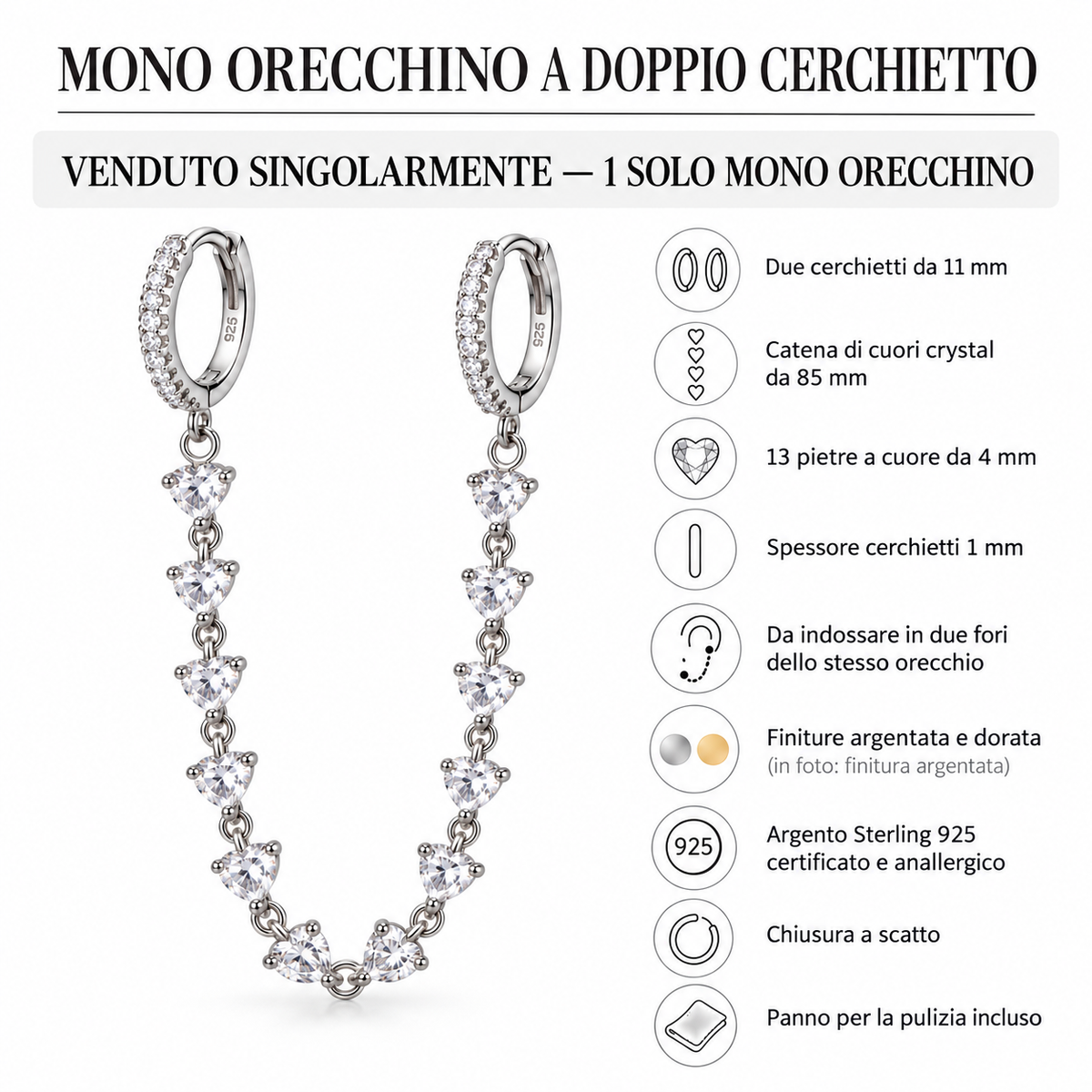 Mono Orecchino per Doppio Foro con Due Cerchietti e Catenella con pietre Crystal in Argento 925