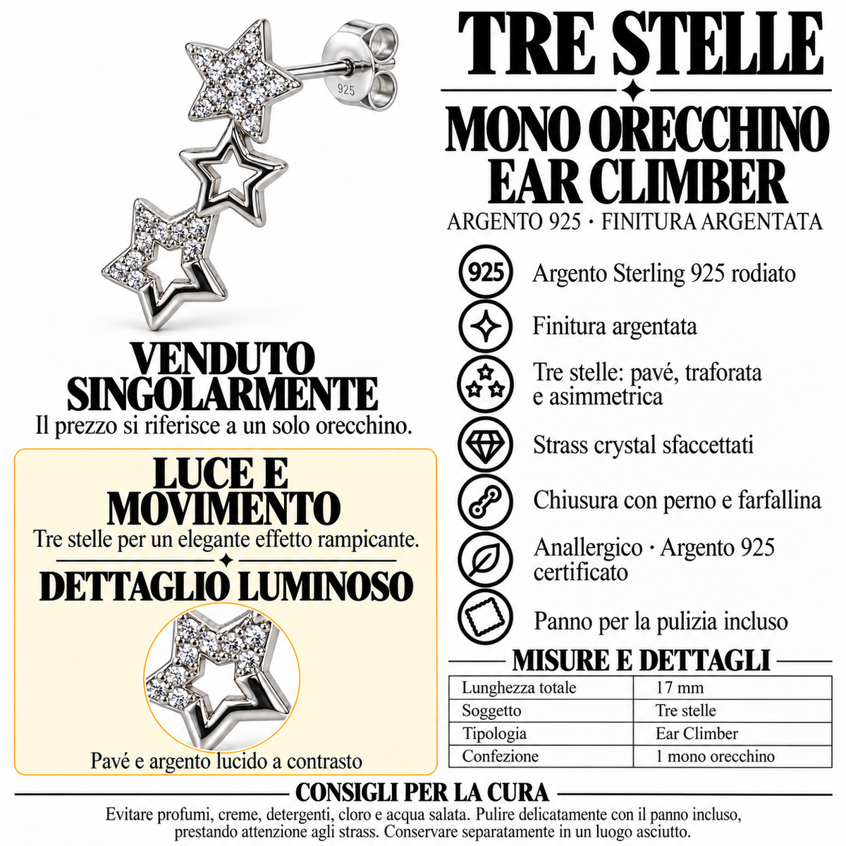 Orecchino mono Stelle in Argento 925 Rodiato