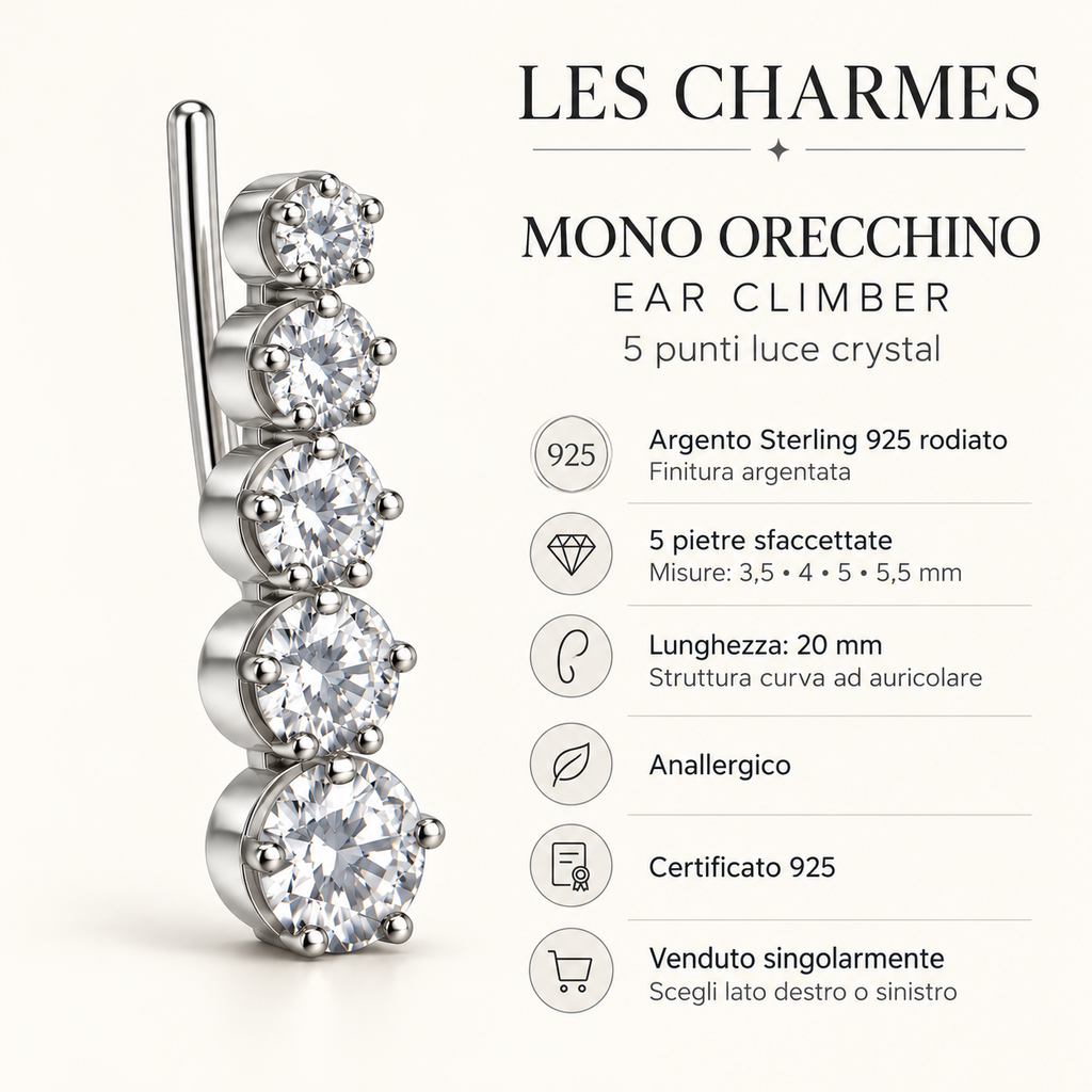 Orecchino Ear Climber mono Puntoluce in Argento 925 Rodiato