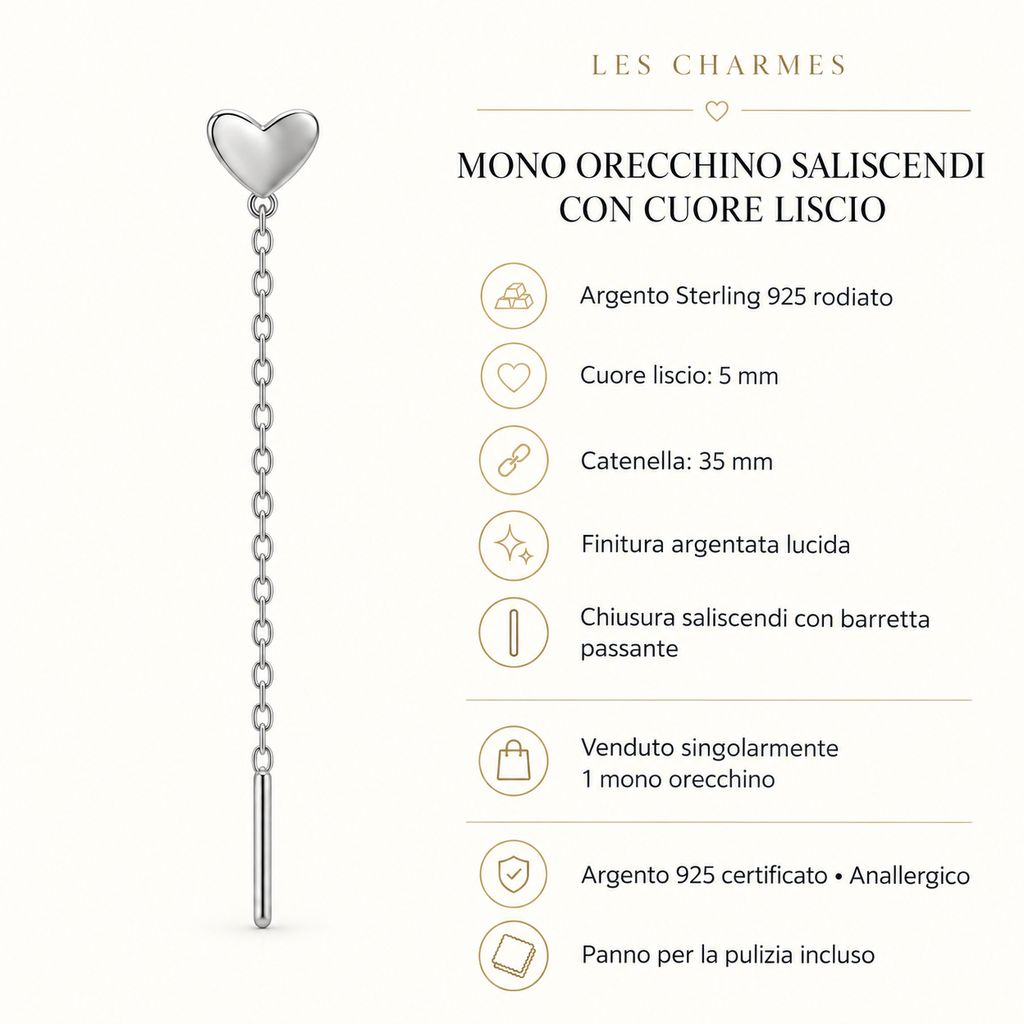 Orecchino Saliscendi mono con Cuore in Argento 925 Rodiato