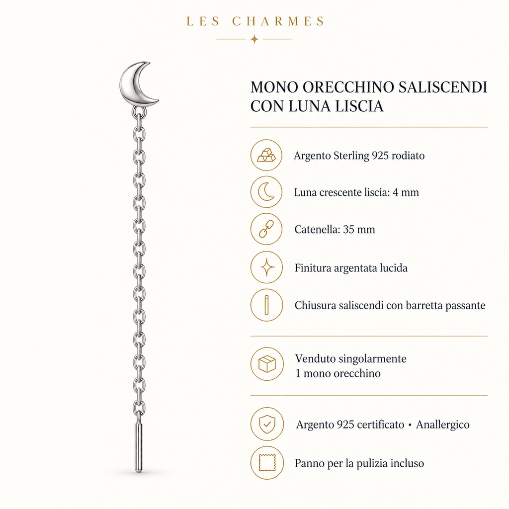 Orecchino Saliscendi mono con Luna in Argento 925 Rodiato