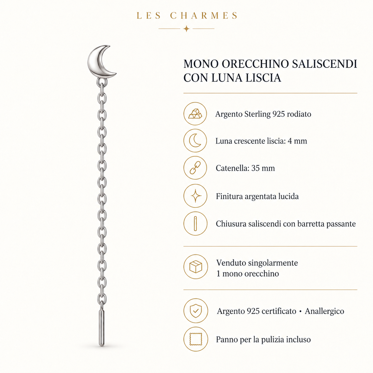 Orecchino Saliscendi mono con Luna in Argento 925 Rodiato