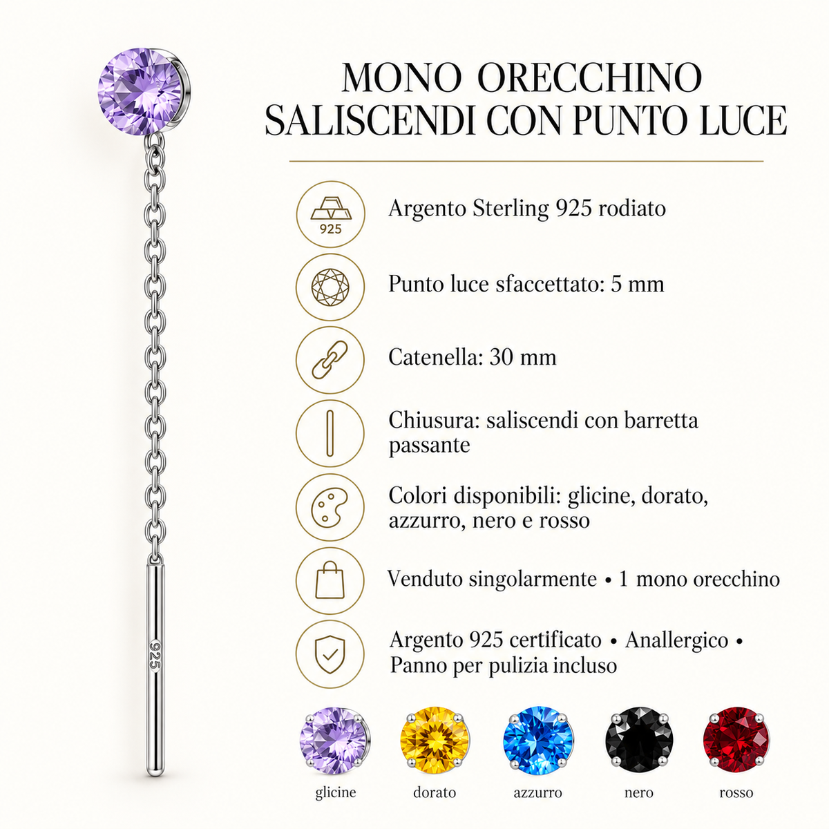 Orecchino Saliscendi mono in Argento 925 Rodiato
