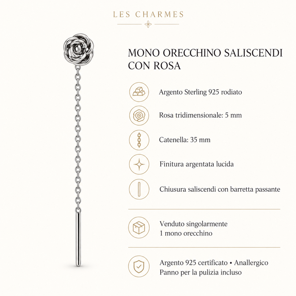 Orecchino Saliscendi mono con Rosa in Argento 925 Rodiato