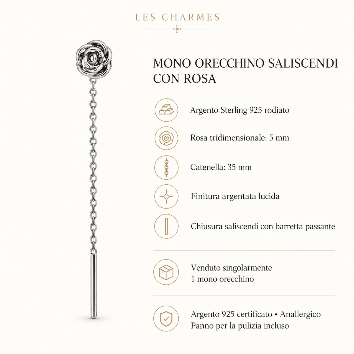 Orecchino Saliscendi mono con Rosa in Argento 925 Rodiato